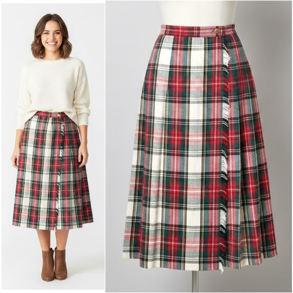 Vintage Dresses & Skirts - Vintage Christmas Tartan Plaid Wool Wrap Skirt Red Green ILGWU USA Made Size 6